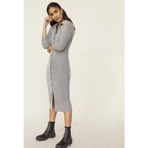 Anthropologie Gray Button Knit Ruched Midi Dress Womens Medium Ribbed Knit Grey